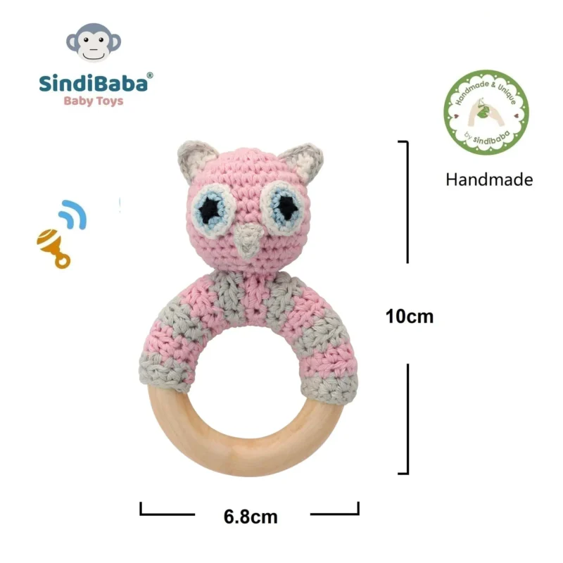 Rattle Ring Owl LUNA – Dimensions and Product Information Infographic showing dimensions and product information for the Owl LUNA rattle ring