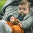 Baby im Kinderwagen hält die Ringrassel Igel HARRY in der Hand und hat einen Schnuller im Mund