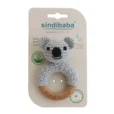 Koala ring rattle with crocheted yarn surface in transparent packaging, front view for retail display