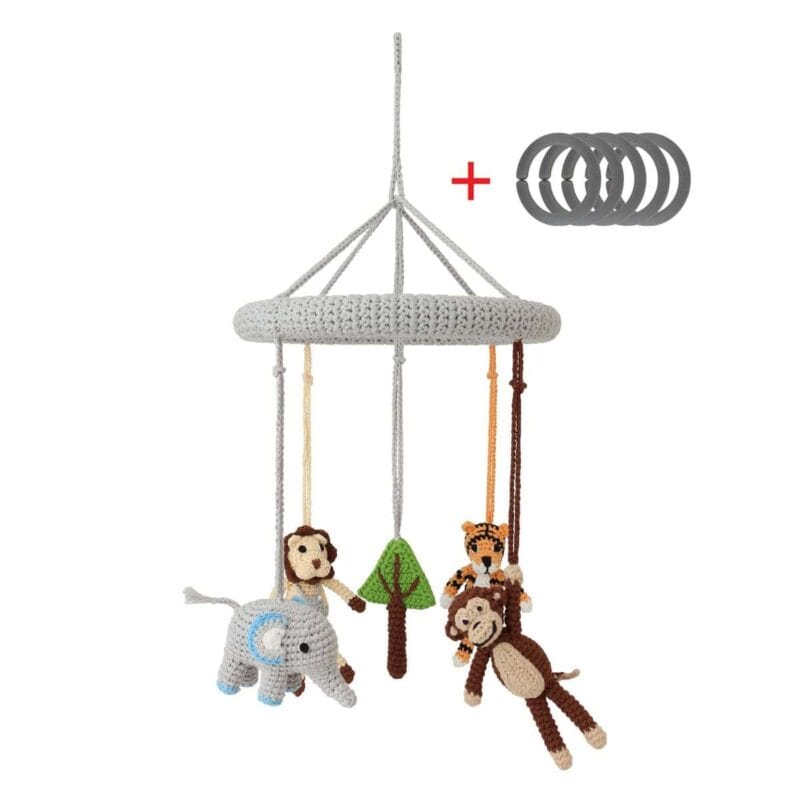 12530-Gehakeltes-Baby-Mobile-SAFARI-1-Tiger-Lowe-Elefant-Affe 12530 - Gehäkeltes Baby-Mobile SAFARI 1 - Tiger, Löwe, Elefant, Affe plus 5 Befestigungsringen