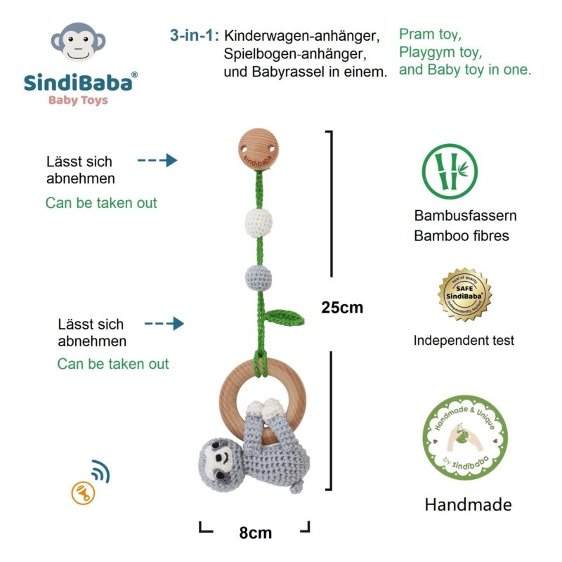 12548 - 3in1 Hängespielzeug Babyrassel Faultier SLEEPY grau - Infografik 12548 - 3in1 Hängespielzeug Babyrassel Faultier SLEEPY grau - Infografik