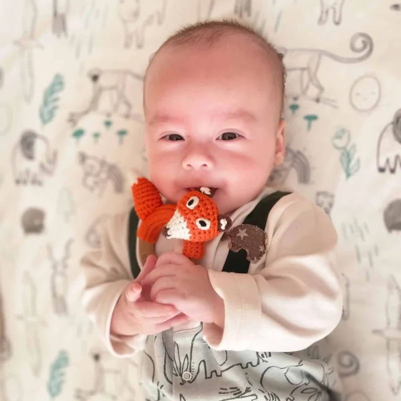 Ringrassel Fuchs FRED – Anwendung durch Baby Auf dem Rücken liegendes Baby hält die Ringrassel Fuchs FRED mit beiden Händen und knabbert am Ohr