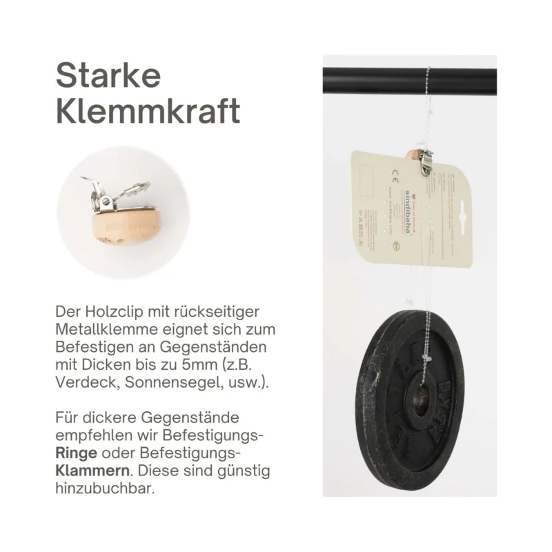 Holzclip – Klemmkraft Holzclip demonstriert hohe Klemmkraft durch aufgehängtes Gewicht.