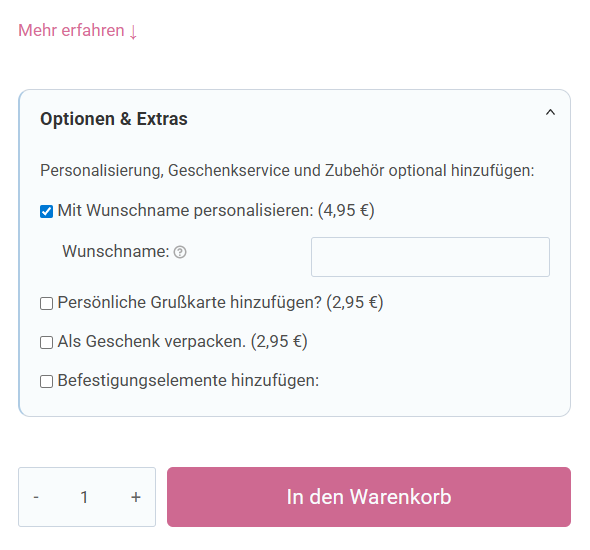 Open SindiBaba options box with activated name personalization and input field for baby’s name