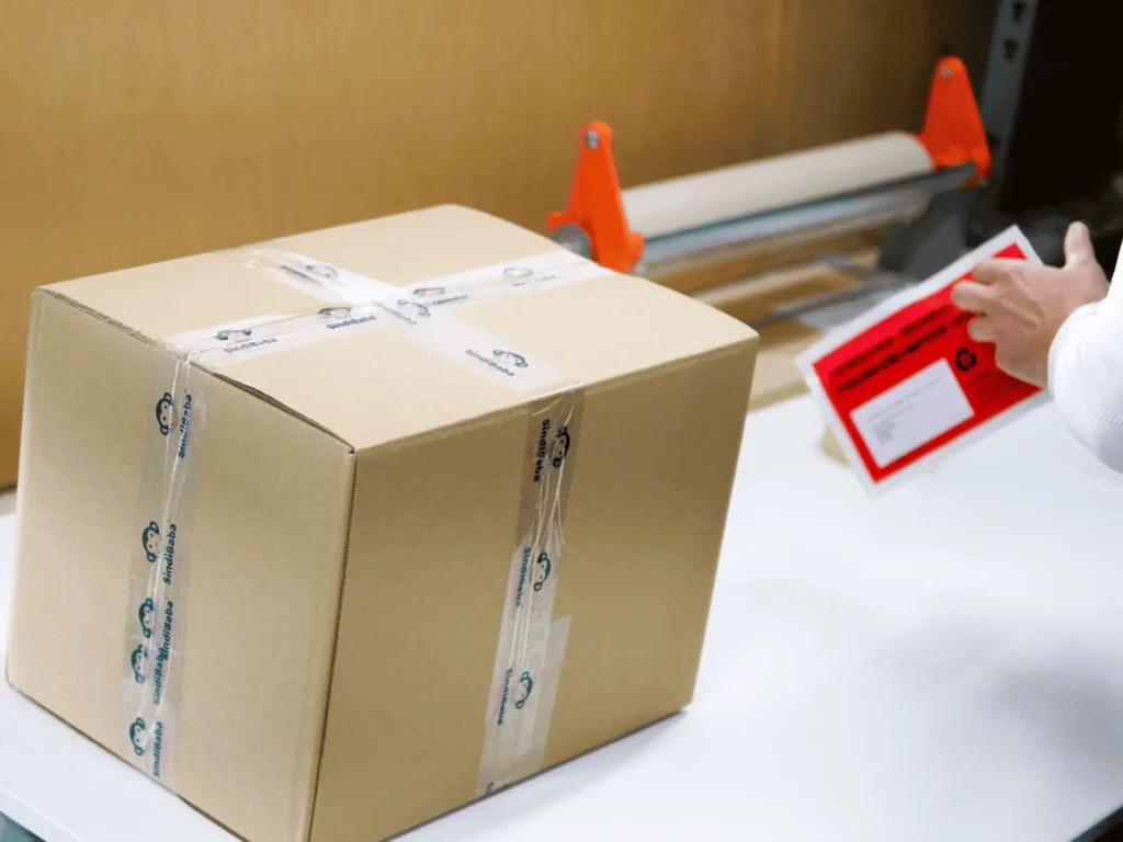 Verpackungstisch: Paket mit SindiBaba-Logo-Tape, rote Versandtasche wird aufgeklebt.