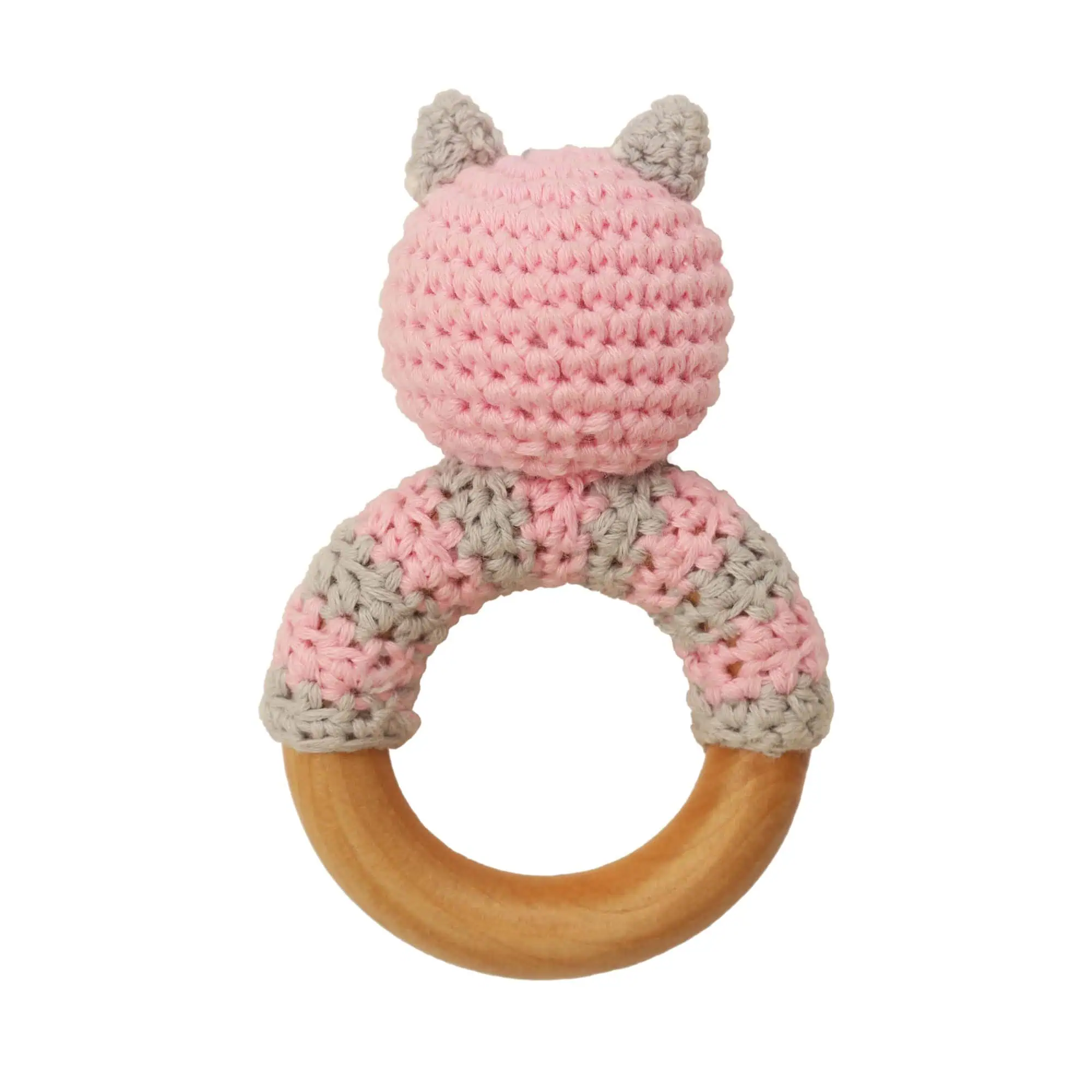 Owl LUNA rattle ring with crocheted yarn surface and untreated beechwood ring, back view isolated