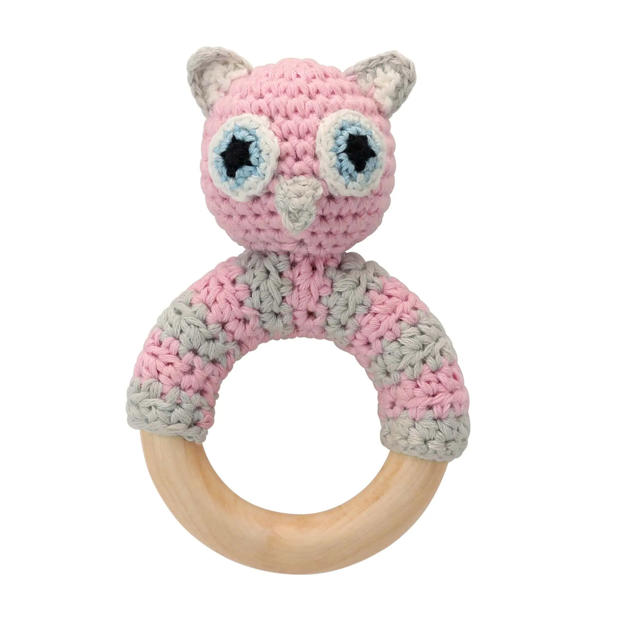 Owl LUNA rattle ring with crocheted yarn surface and untreated beechwood ring, front view isolated