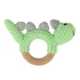 Dinosaur DINO rattle ring with crocheted yarn surface and untreated beechwood ring, back view isolated