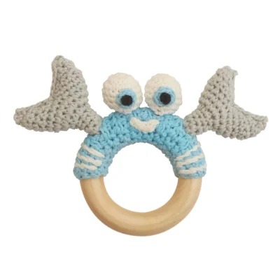 Crab PINCER rattle ring with crocheted yarn surface and untreated beechwood ring, front view isolated