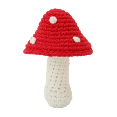 Crochet baby rattle toadstool in red and white, front view