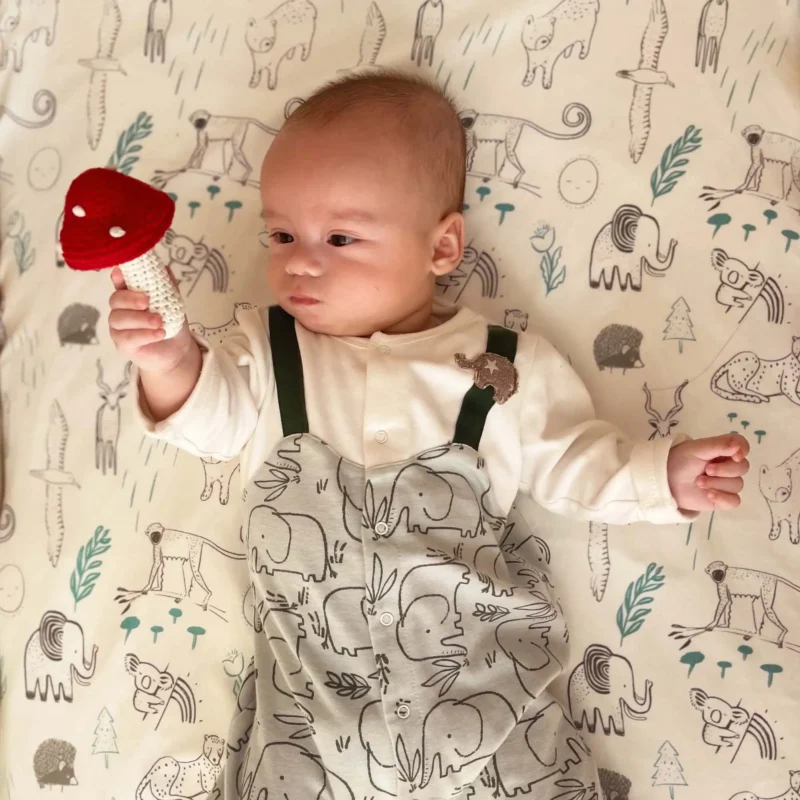 12425-baby-rattle-toadstool-lifestyle-baby-boy Babyjunge liegt auf gemusterter Decke und hält eine gehäkelte Fliegenpilz-Babyrassel