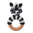 Zebra STRIPEY rattle ring with crocheted yarn surface and untreated beechwood ring, back view isolated
