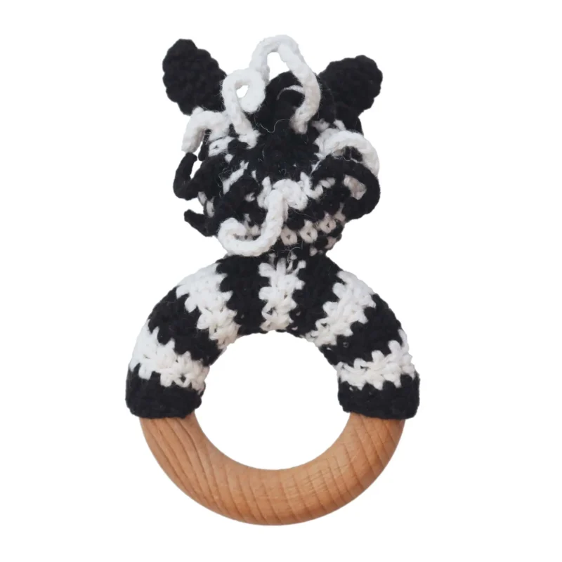 Rattle Ring Zebra STRIPEY – Back View Zebra STRIPEY rattle ring with crocheted yarn surface and untreated beechwood ring, back view isolated