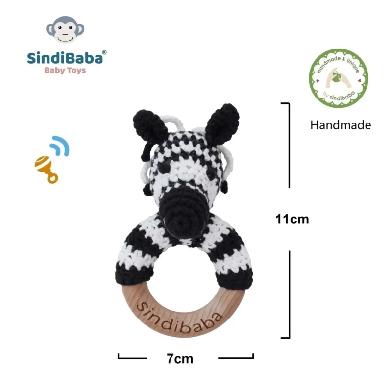 Rattle Ring Zebra STRIPEY – Dimensions and Product Information Infographic showing dimensions and product information for the Zebra STRIPEY rattle ring