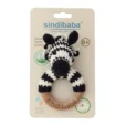 Zebra STRIPEY rattle ring with crocheted yarn surface in transparent packaging, front view for retail display