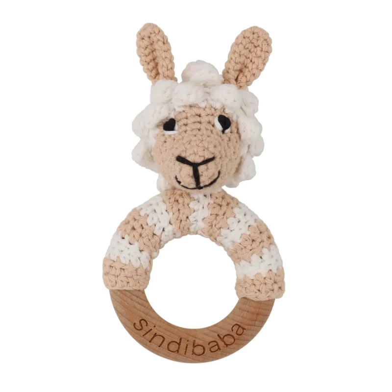 Lama LUKE rattle ring with crocheted yarn surface and untreated beechwood ring, front view isolated