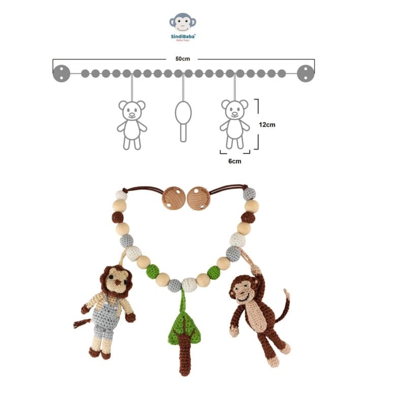 12492-Gehaekelte-Kinderwagenkette-Safari-2-AffeLoewe-Abmessungen Gehäkelte Kinderwagenkette Safari 2 - Affe+Löwe - Abmessungen