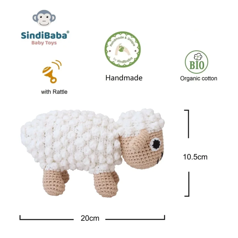 12535-soft-toy-sheep-infographic-1 Crochet cuddly toy sheep DOLLY made from organic cotton with size information and feature icons