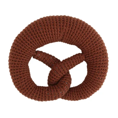 Crochet baby rattle pretzel with edelweiss flower, back view