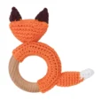 Fox FRED rattle ring with crocheted yarn surface and untreated beechwood ring, back view isolated