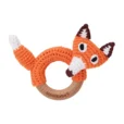 Fox FRED rattle ring with crocheted yarn surface and untreated beechwood ring, front view isolated VIEW 2
