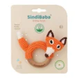Fox FRED rattle ring with crocheted yarn surface in transparent packaging, front view for retail display