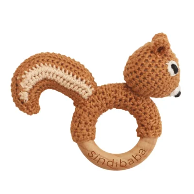 Squirrel NUTTY rattle ring with crocheted yarn surface and untreated beechwood ring, front view isolated