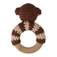 Monkey ring rattle with tightly crocheted yarn and natural beechwood ring, back view isolated