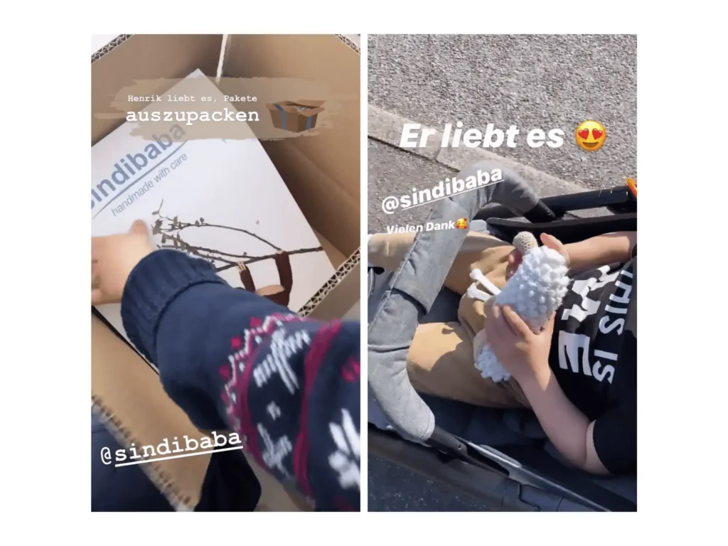 Zwei Screenshots: Unboxing eines SindiBaba-Pakets und Nutzung einer Kinderwagenkette im Kinderwagen.