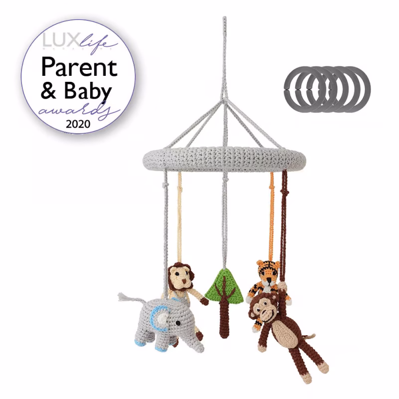 12530-baby-mobile-safari-1-front-award Crochet baby mobile SAFARI 1 isolated front view with the Lux Life Parent and Baby Award 2020 emblem top left