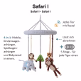 Infographic showing the multifunctional 4-in-1 baby mobile SAFARI 1 with features and product information