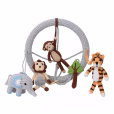 Creative isolated scene showing the vertical, light grey crocheted ring of the SAFARI 1 mobile with crocheted animal figures arranged in front