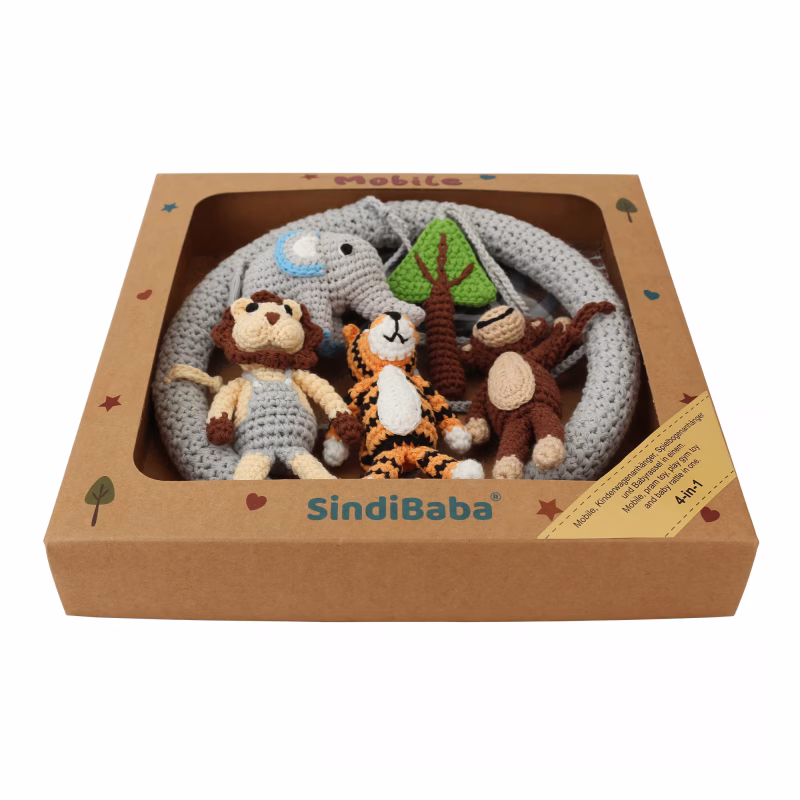 12530-baby-mobile-safari-1-packaging-front Crochet baby mobile SAFARI 1 inside the opened premium gift packaging box without transparent cover