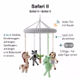 Infografik zum multifunktionalen 4-in-1 Baby-Mobile SAFARI II mit Maßen und Produktinformationen
