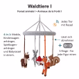 Infografik zum multifunktionalen 4-in-1 Baby-Mobile WALDTIERE I mit Maßen und Produktinformationen