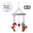 Crochet baby mobile FOREST ANIMALS 2 isolated front view with the Lux Life Parent and Baby Award 2020 emblem top left