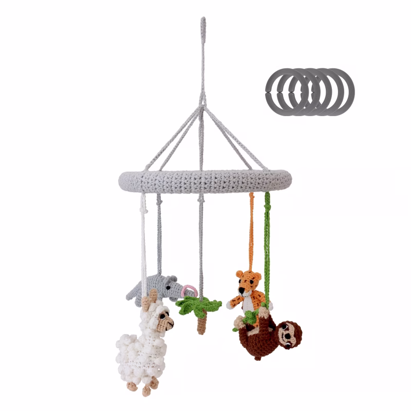 12549-baby-mobile-south-america-front Crochet baby mobile SOUTH AMERICA with jungle animal figures, front view isolated with five included attachment rings