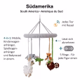 Infographic showing the multifunctional 4-in-1 baby mobile SOUTH AMERICA with features and product information