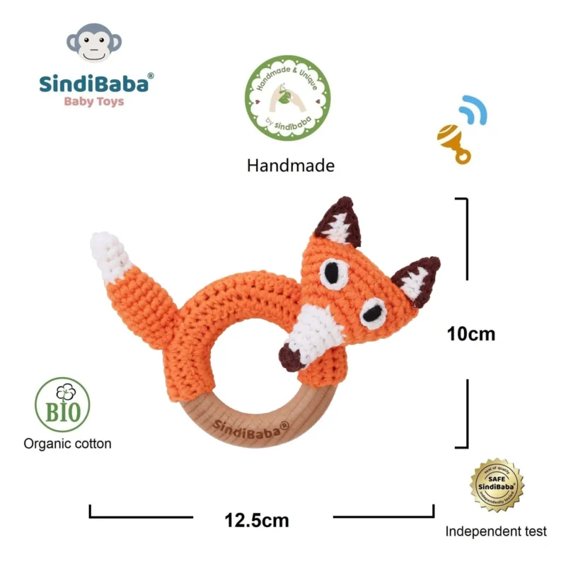 Ringrassel Fuchs FRED – Maße und Produktinformationen Infografik zur Ringrassel Fuchs FRED mit Maßangaben sowie Material- und Qualitätsinformationen