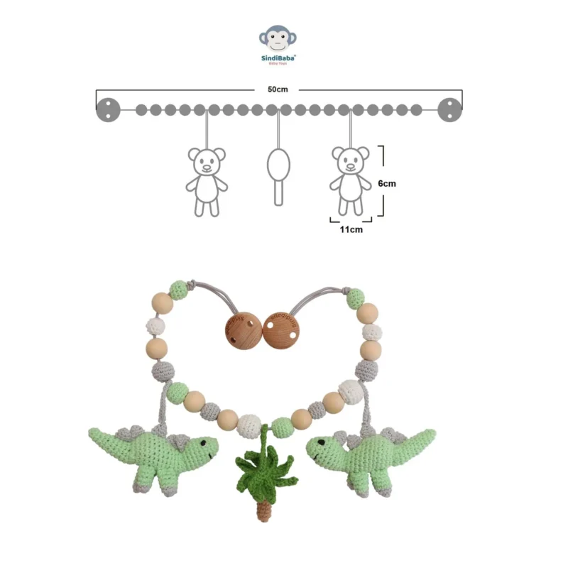 12393-stroller-chain-infographic-measurements Infographic with measurements showing total length of the crocheted stroller chain and hanging toys.