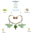 Infographic with quality features of the stroller chain: Handmade, lab-tested, organic cotton, rattle, and adjustable length.