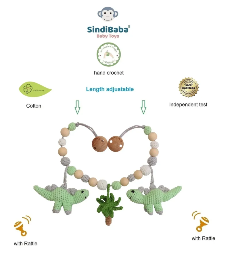 12393-stroller-chain-infographic-quality-features Infographic with quality features of the stroller chain: Handmade, lab-tested, organic cotton, rattle, and adjustable length.