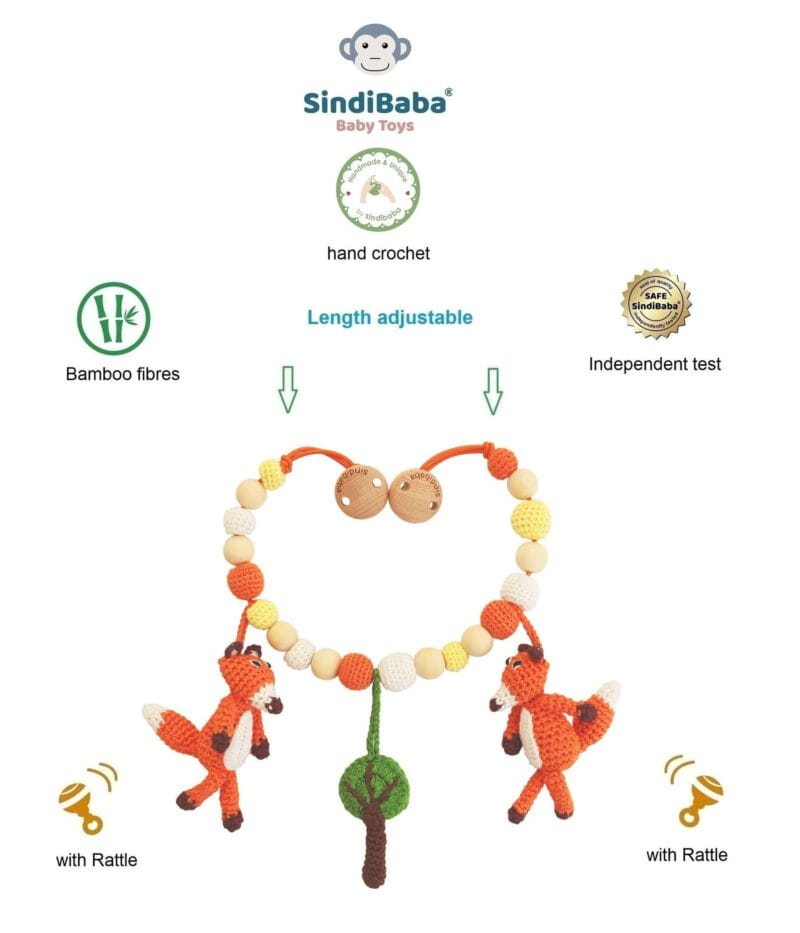 12546-stroller-chain-infographic-quality-features Infografik mit Qualitätsmerkmalen der Kinderwagenkette: Handarbeit, Labor-getestet, Bio-Baumwolle, Rassel und verstellbare Länge.