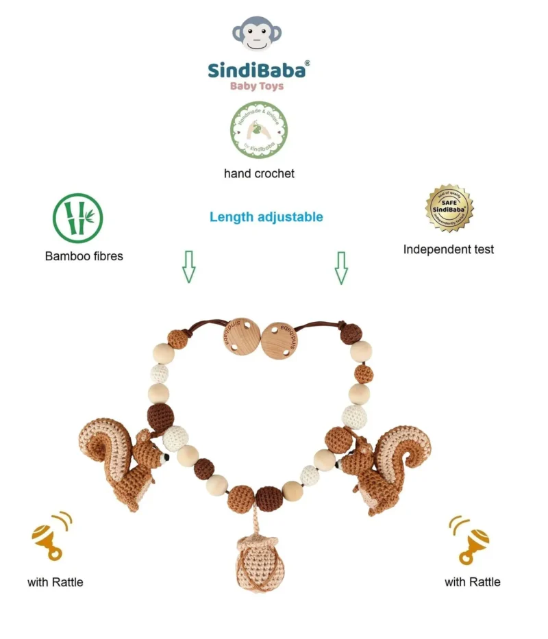 12559-stroller-chain-infographic-quality-features Infografik mit Qualitätsmerkmalen der Kinderwagenkette: Handarbeit, Labor-getestet, Bio-Baumwolle, Rassel und verstellbare Länge.