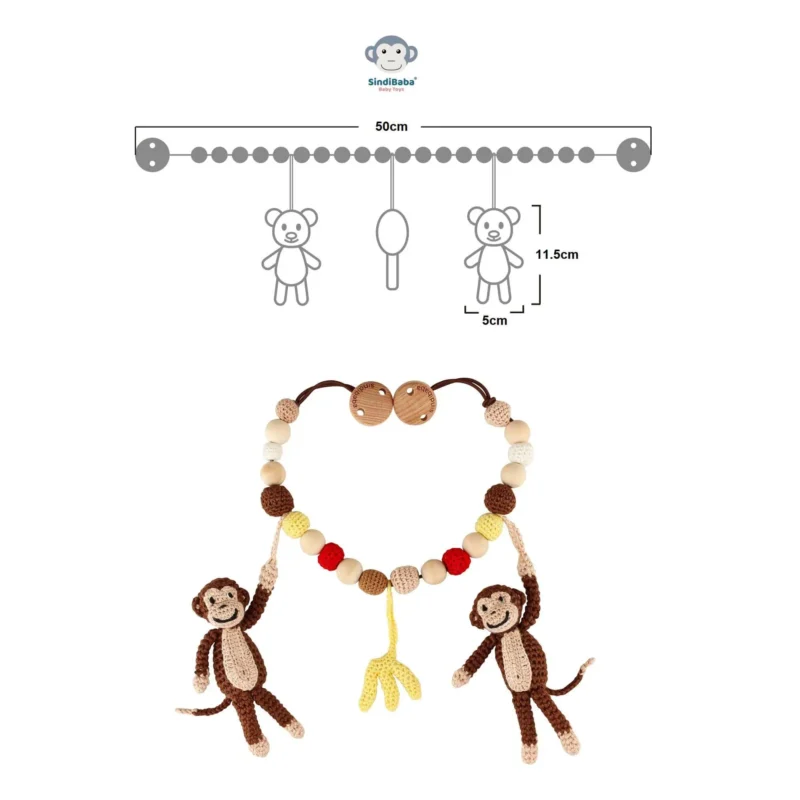 12625-stroller-chain-infographic-measurements Infographic with measurements showing total length of the crocheted stroller chain and hanging toys.