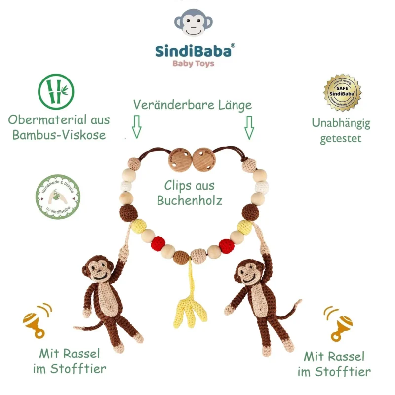 12625-stroller-chain-infographic-quality-features Infographic with quality features of the stroller chain: Handmade, lab-tested, organic cotton, rattle, and adjustable length.