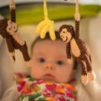Close-up in a stroller with a light green canopy: The baby's head in soft bokeh is symmetrically framed by the hanging monkey and banana figures in sharp focus.