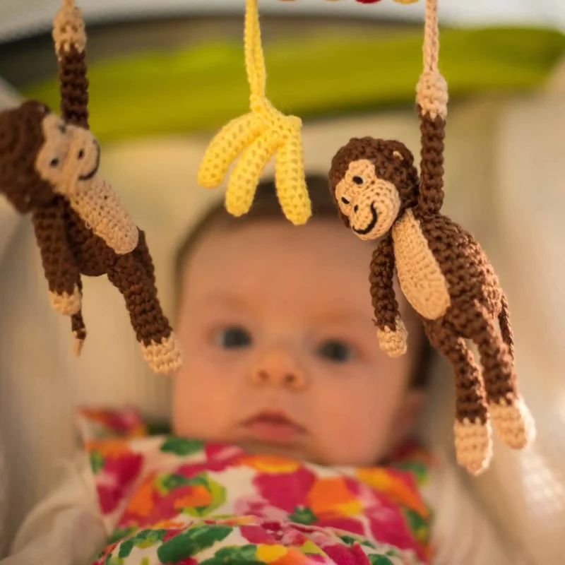 12625-stroller-chain-monkey-charlie-lifestyle-stroller-framed-close-up Close-up in a stroller with a light green canopy: The baby's head in soft bokeh is symmetrically framed by the hanging monkey and banana figures in sharp focus.