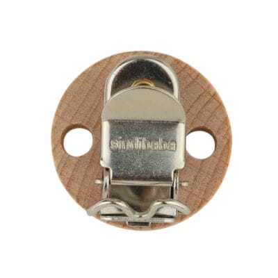 Rückansicht eines SINDIBABA-Befestigungs-Clips aus Buchenholz mit Metallklemme (90003)