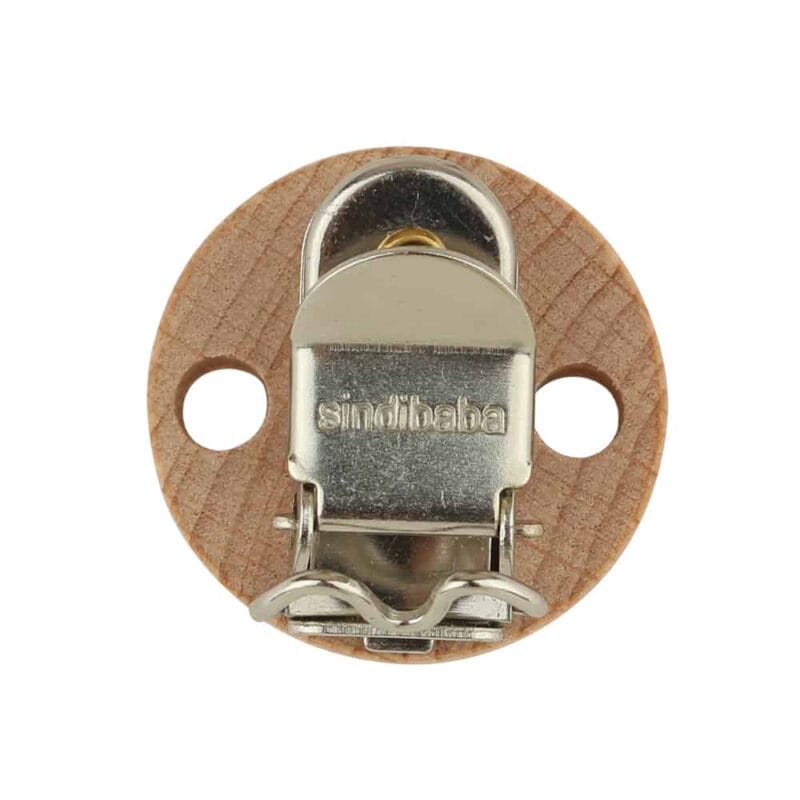 Rückansicht eines SINDIBABA-Befestigungs-Clips aus Buchenholz mit Metallklemme (90003)
